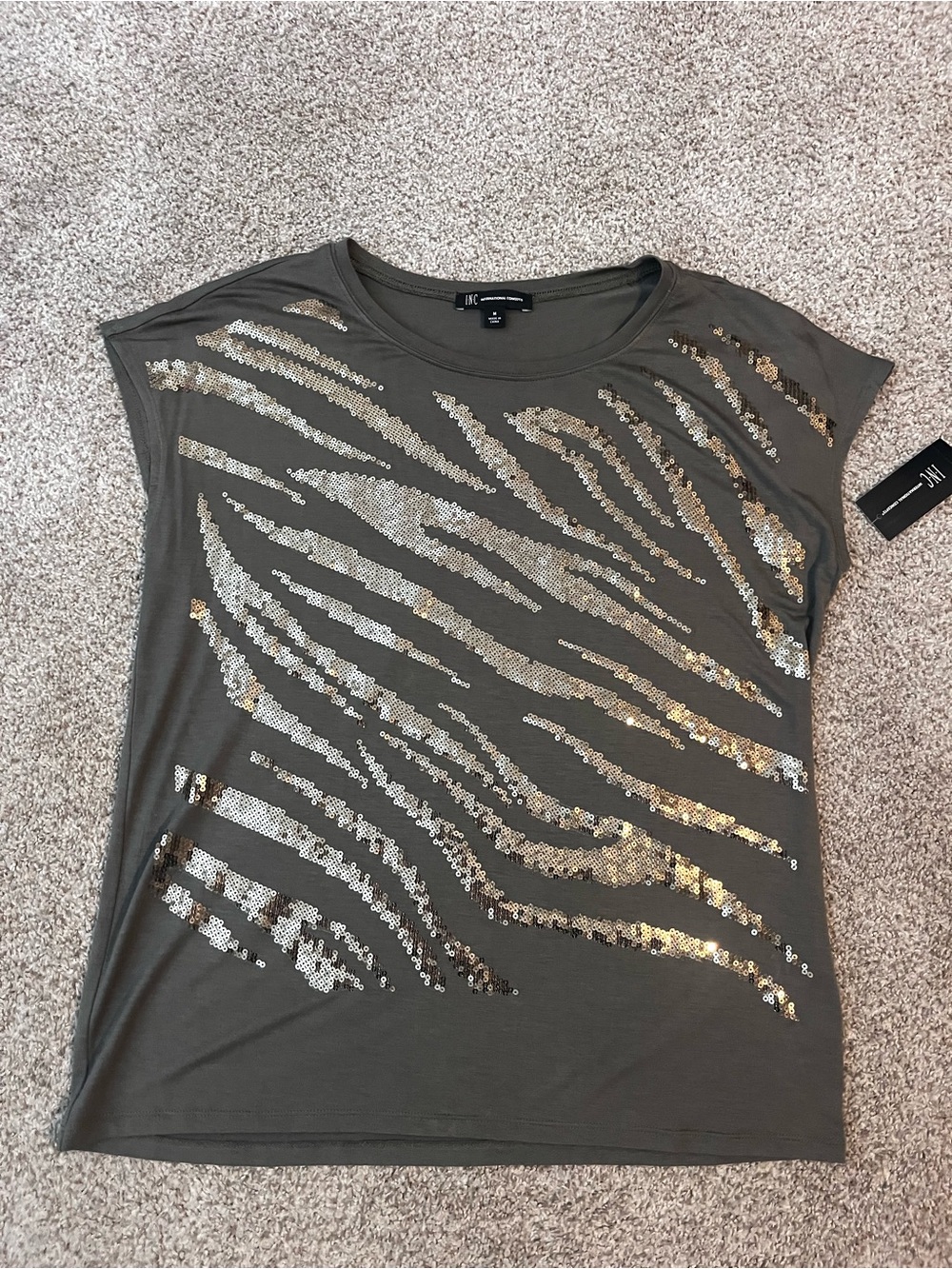 INC International Concepts Olive Green Sequin Zebra Tee (M)